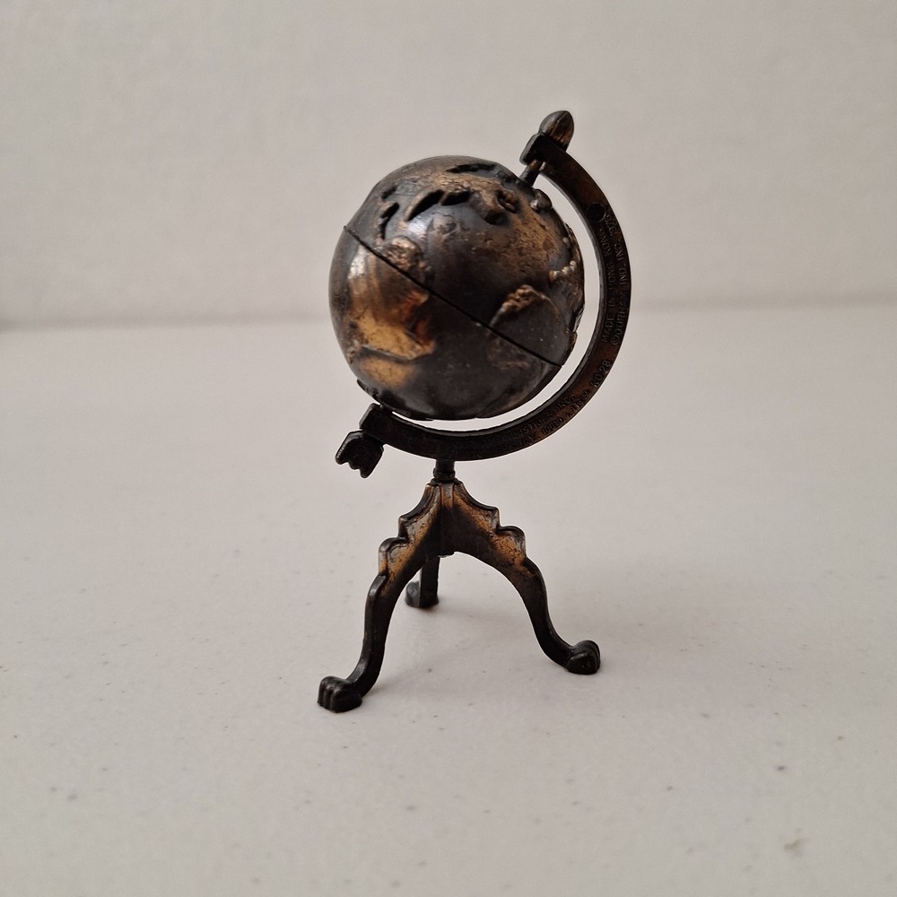 Vintage Miniature Desk Trinket Doll World Globe Metal Spinning 3.5"